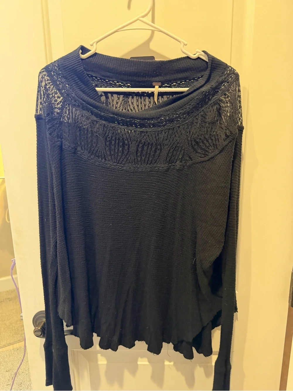 Free People Black Lace Yoke Long Sleeve Tee